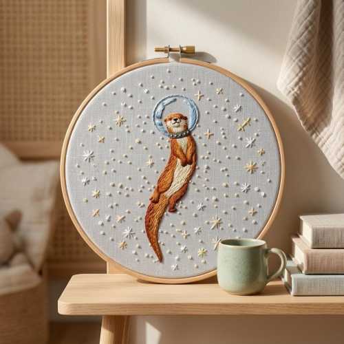 Otter Embroidery Kit - Astronaut Space Animal Whimsical Nursery Decor - Unique Gift for Her - DIY Relaxing Craft