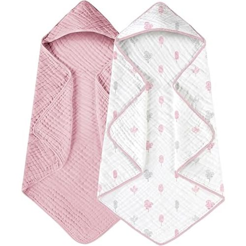 Yoofoss Hooded Baby Towels for Newborn 2 Pack 100% Muslin Cotton Baby Bath Towel with Hood for Babies, Infant, Toddler and Kids, Large 32x32Inch, Soft and Absorbent Newborn Essential