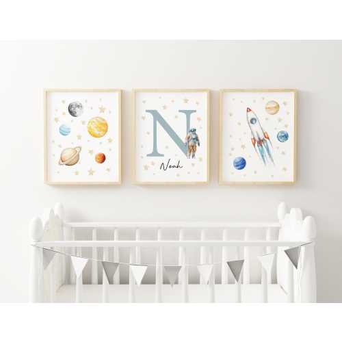 Personalized Space Nursery Wall Art Custom Name Print Astronaut Nursery Rocketship Print Outer Space Kids Room Decor Boys Room Art SPC2-A3