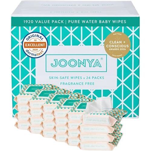 Joonya Baby Wipes - Non-Toxic, Earth-Friendly Baby Wipes for Calm, Healthy Skin - Fragrance Free - 24 Packs of 80 Bulk Diaper Wipes (1920)