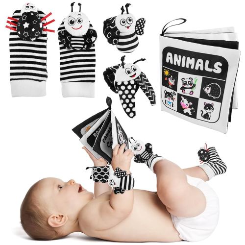 Baby Toys 0-6 Months, 4PCS Foot Finders & Wrist Rattles for Infants Toys Black and White Sensory Toys Baby Essentials for Newborn Wrist Rattle Baby Gifts (Wrist Rattles+Books)