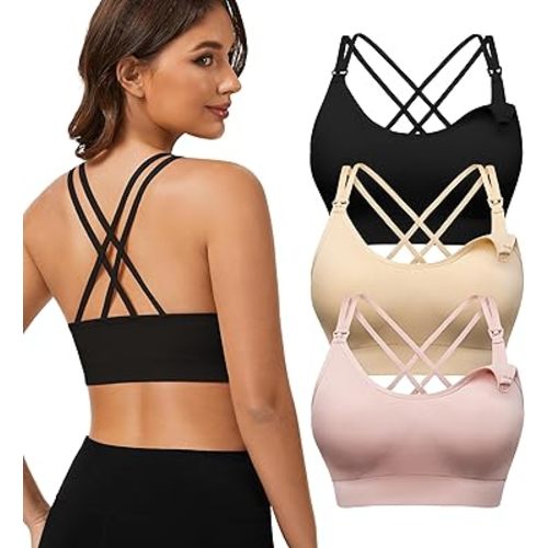 Angelhood Nursing Bras for Breastfeeding, Criss-Cross Back Nursing Sports Bra Support Yoga Maternity Bras Pack of 3, 1
