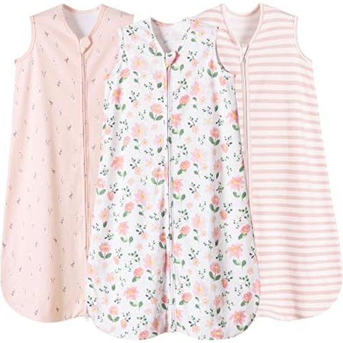 PHF 100% Organic Cotton Baby Sleep Sack 0-6 Months, Soft Lightweight Wearable Blanket for Babies, 2-Way Zipper 0.3 TOG Comfy Toddler Sleeping Sack 3 Pack for Boys Girls Neutral, Pink Floral (Small)