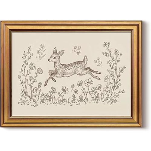 InSimSea Gold Framed Canvas Prints Wall Art, Vintage Nursery Decor, Deer in the Flowers Animal Line Paintings Wall Decor Aesthetic, Neutral Pictures for Bedroom Living Room Shelf, 12x16inch