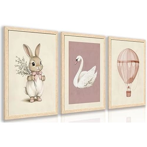 Pink Baby Girl Nursery Wall Decor Cute Bunny Wall Art Cozy Rabbit Canvas Artwork Elegant Swan Poster Prints Vintage Hot Air Balloon Painting Prints for Kid's Room Baby Room Wood Framed 16"x24"x3