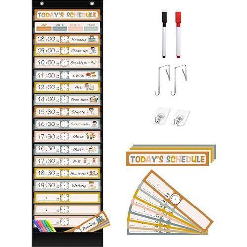 REGELETO Boho 18+1 Pockets Daily Schedule Pocket Chart, 30 pcs Double-Sided Reusable Cards, Scheduling Pocket Chart for Classroom Office Home Preschool Activity(Black)