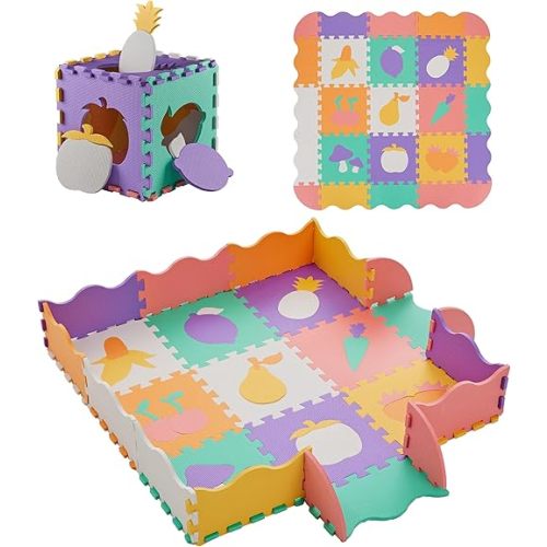 Baby Play Mats for Floor, Foam Play Mat for Baby, Puzzle Mat, Foam Tiles for Floor Baby, 45×45 Foam Play Mat Vegetables and Fruits 9+16 Pieces