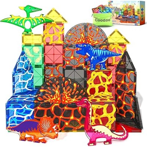Coodoo Dinosaur Toys Magnetic Tiles Lava Dinosaur World Set - Magnetic Blocks Building for Kids 3-5 5-7 Girls Boys Toy Age 4-6 6-8, Classroom Must Haves Toddler Sensory for 3+ Year Old Kids Toys