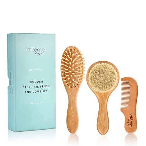 Natemia Wooden Baby Hair Brush Set for Newborns & Toddlers - Natural Soft Bristles - Ideal for Cradle Cap - Perfect Baby Registry Gift