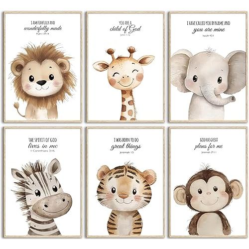 6Pcs Nursery Bible Verse Animal Wall Art Cute Woodland Animals Christian Picture Wall Decor Lions Elephant Giraffe Poster Print Artwork for Classroom BabyBedroom Boys Girls Home Decoration Unframed