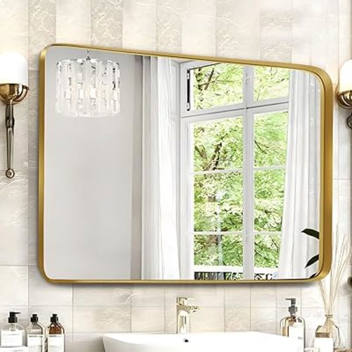 Gold Bathroom Mirror for Wall, 50''x32'' Rounded Rectangle Vanity Mirror with Tempered Glass, Anti-Rust Metal Frame, Horizontal or Vertical Hanging for Wall - HD No Distortion
