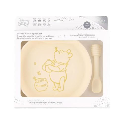Bumkins Disney Baby and Toddler Plate and Spoon Set, Silicone Dish for Babies and Kids, Baby Led Weaning, Children Feeding Supplies, Microwave Safe, Platinum Silicone, Ages 6 Months, Winnie the Pooh