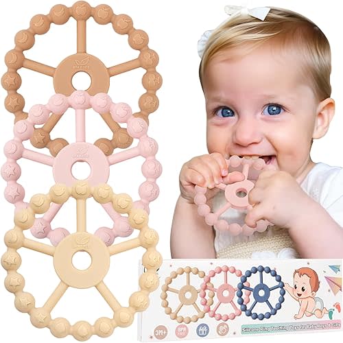3 Pack Teething Rings for Babies 0-6 Months, Silicone Baby Teething RingsToys, Freezable Babies Teethers 6-12-24 Months, Teething Relief Chew Toys for Newborn Girl Boy, Infant Necessities-Wh Pk Br