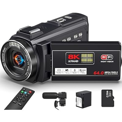 8K 64MP Video Camera Camcorder, 18X Digital Zoom with IR Night Version Vlogging Camera for Youtube, 3.0" IPS Touch Screen with one 4500mAh Battery, 32GB TF Card, Remote Control, Mic, and Adapter