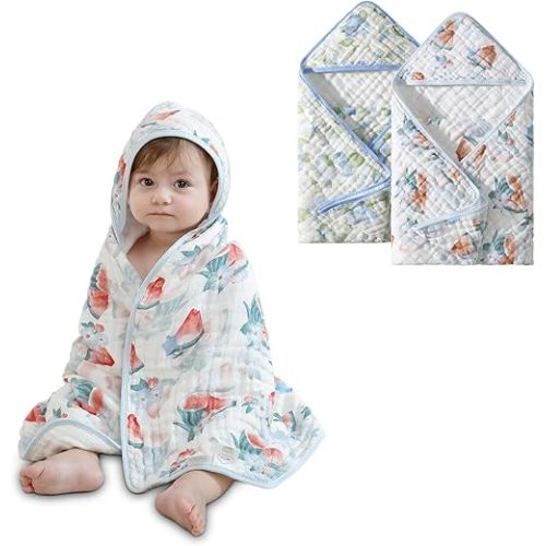 Muslin Baby Hooded Towel - 2 Pack Baby Towels, Ultra-Soft & Absorbent Bath Towel with Original Design, for Newborn & Infant (Blueberry & Watermelon, 32" x 32")