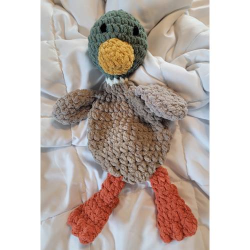 Duck Snuggler | Derbie the Duck | Crochet Mallard Lovey | Smokey Green Brown with Orange Feet | Plushie | Stuffie