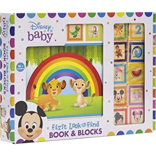 Disney Baby Mickey, Minnie Mouse, Frozen and More! - 10 Wooden Blocks and Interactive First Look and Find Board Book Set - PI Kids