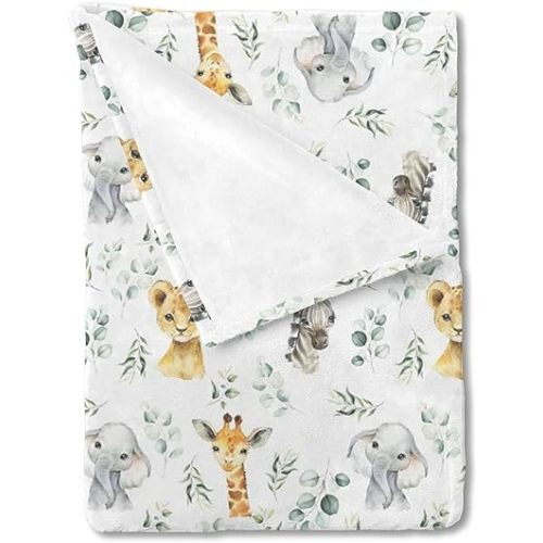 HawSkgFub Safari Jungle African Animal Eucalyptus Leaf Baby Blanket Boys Gift, Elephant Giraffe Zebra Lion Flannel Fleece Nursery Bed Blankets, Lightweight Newborn Infant Crib Toddler Bedding 40 x 50