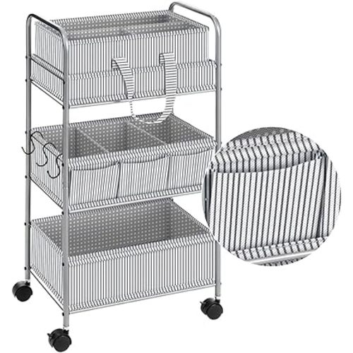 WILLBOND 2 in 1 Baby Diaper Caddy Organizer Cart, 3 Tier Large Stripe Bedside Rolling Cart Metal for Baby Essential with Divider for Newborn Registry Must Have Nursery Bedroom Mother Gift(Gray)