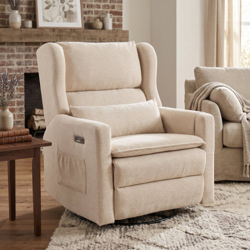 Latitude Run® Oversized Swivel Rocker Recliner Chair, 26" Extra Wide Glider Nursery Chair With Adjustable Headrest, Chenille Power Recliner Rocking With Double Cushion, Cup Holder & Reviews | Wayfair