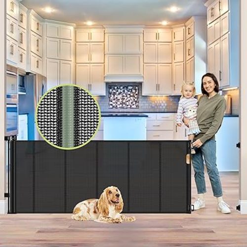 Reinforced 80 Inch Retractable Baby Gate Extra Wide Baby Gate for Wide Openings, Indoor/Outdoor Retractable Dog Gate for Doorway, Mesh Dog Gate Indoor Prevent Babies/Pets from Crawling Under, Black