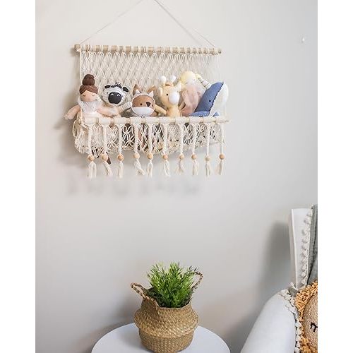 Crane Baby Macrame Hanging Storage Bin for Nursery, Boho Baby Decor, Baby Toy Hanging Basket Wall Storage, Bohemian Macrame Nursery Decor, 16" W X 22" H
