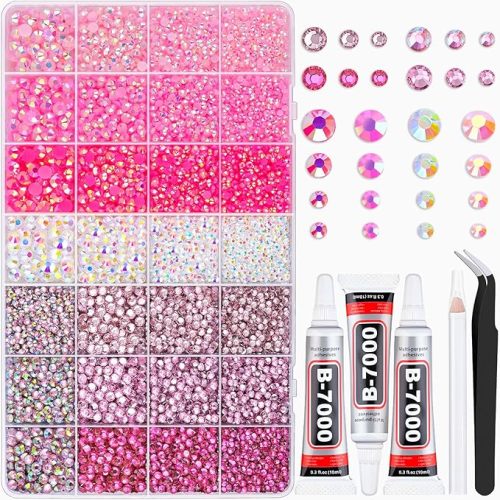 20000Pcs Pink Rhinestones for Bedazzling with 3Pcs B7000 Jewelry Glue, Resin Rhinestones for Crafting Crafts，Bedazzler Kit Flatback Gems for Clothing Shoes Tumblers Nail Art