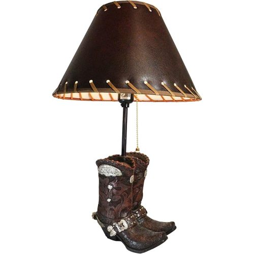 Ebros Gift Faux Tooled Leather Rustic Western Cowboy Boots with Conchos and Floral Lace Hand Painted Resin Desktop Table Lamp with Brown Shade Country Western Rustic Home Decor Accent