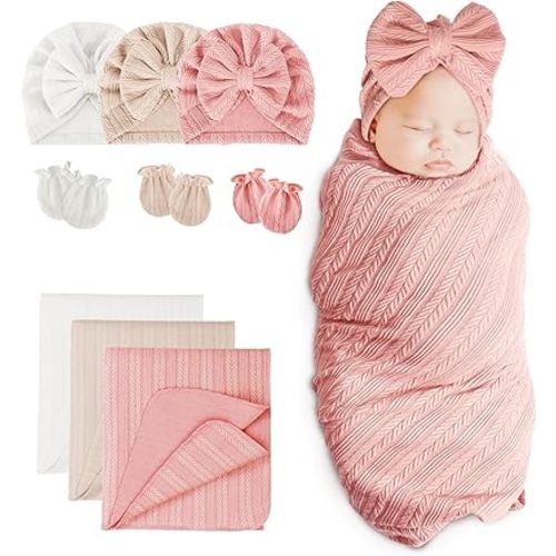 DRESHOW BQUBO Newborn Receiving Blankets Cotton Warm Sleepsack with Mittens & Bow Hats Hospital Baby Swaddling Shower Gift