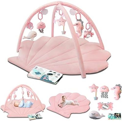 Baby Play Gym Mat, Oversize Tummy Time Activity Mat for Babies 0-6 Months, Shells Shaped Baby Play Mat with 6 Detachable Toys, Baby Mat for Floor Sensory Exploration Motor Skill Development