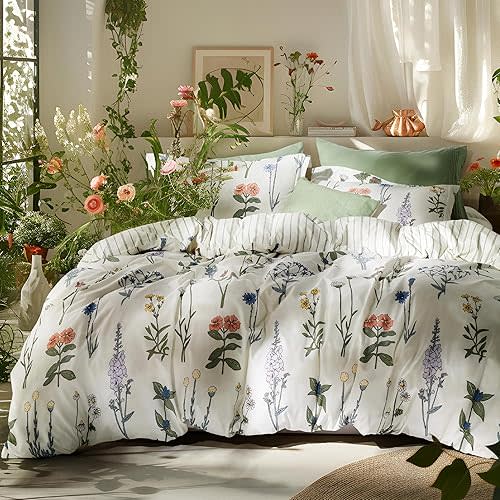 Bedsure Comforter Set Queen Size - Cute Floral Bedding Comforter Set, 3 Pieces, 1 Soft Reversible Coconut White Botanical Flowers Comforter and 2 Pillow Shams