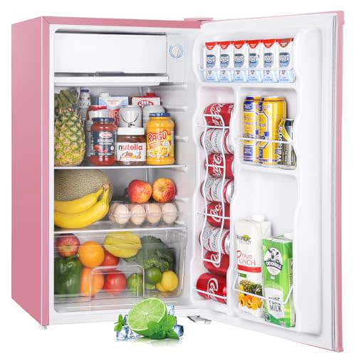 Upstreman 3.2 Cu.Ft Mini Fridge with Freezer, Single Door Mini Fridge, Dorm Fridge, Adjustable Thermostat, Mini Refrigerator for Bedroom, Office, Dorm, Pink-BR321