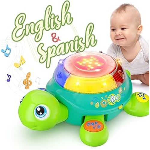 iPlay, iLearn Baby Musical Turtle Toy, Spanish English Bilingual Learning, Toddler Crawling Toys W/ Light & Sound, Infant Development Educational Birthday Gifts 6 7 8 9 10 12 Month 1 Year Old Boy Girl