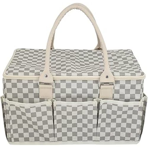 New Unique Diaper Caddy Organizer for Baby, Nursery Storage Organizer,Portable,Stylish,Space Saver, with Lid, Best Baby Shower Gift, Picnic basket, Car Trunk Organizer, Cream & Grey, checkered Gray