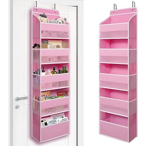 Over Door Organizer with 5 Large Pockets, Heavy Duty Hanging Organizer Storage, Closet Bathroom Nursery Bedroom Dorm, Toys Cosmetics Sundries and Baby Essentials, Pink