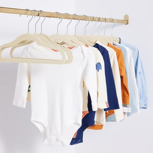 Amazon Basics Kids Velvet, Space Saving, Non-Slip Clothes Hangers for Infant and Toddler, Durable, 11.6 Inches (for baby clothes), Pack of 50, Beige