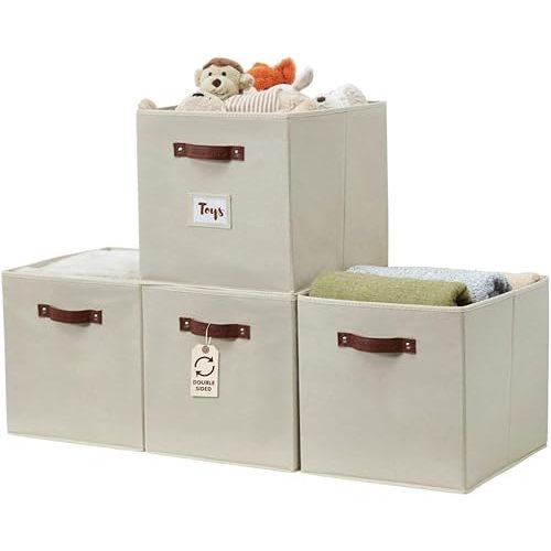 DECOMOMO Storage Baskets 13x15x13 Storage Cube Bins with Label Holders, Kallax Storage Cubes for Organizing Shelves Nursery Toy (Kallax / 4pcs, Beige)