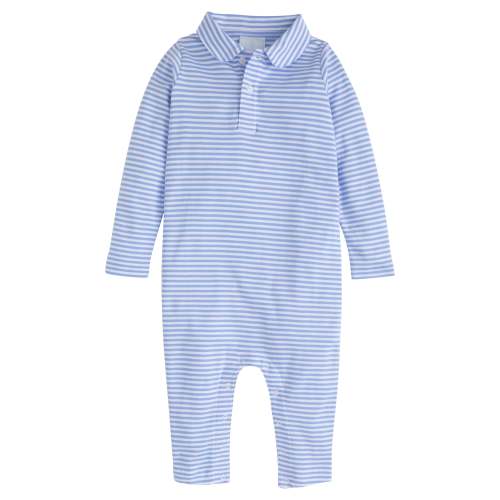 Long Sleeve Stripe Polo Romper - Light Blue