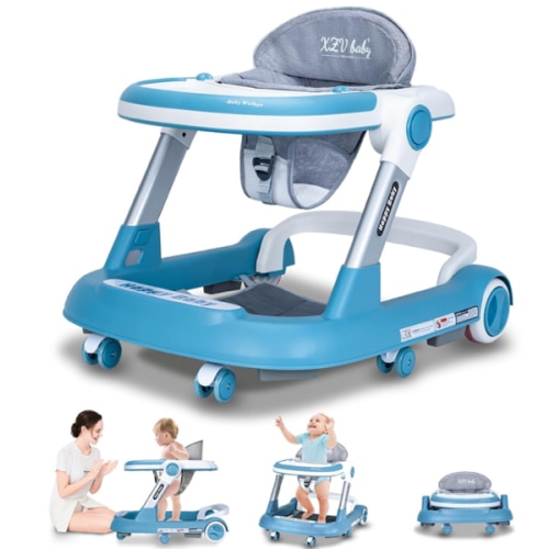 Baby Walker with Wheels 4 in 1 Foldable Activity Center with Mute Wheels Adjustable Heights Anti-Fall Activity Center for Boys Girls Safe Infant Toddler Walker with Footrest for 6-24 Months
