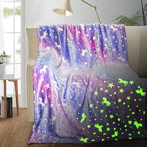 Unicorn Glow in The Dark Blanket for Girls/Kids Age 3-12, Soft Fleece Throw - 40"x60"
