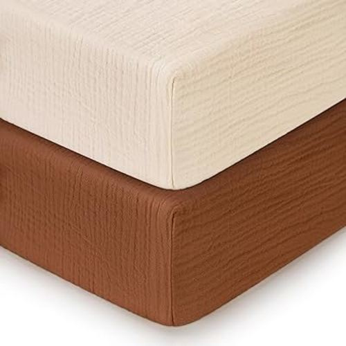 Pro Goleem 2 Pack Muslin Crib Sheets for Boys and Girls, 100% Cotton Soft Breathable Neutral Fitted Baby Bed Sheets Set for Standard Crib Mattress & Toddler Mattress 52"x28", (Brown＆Beige)