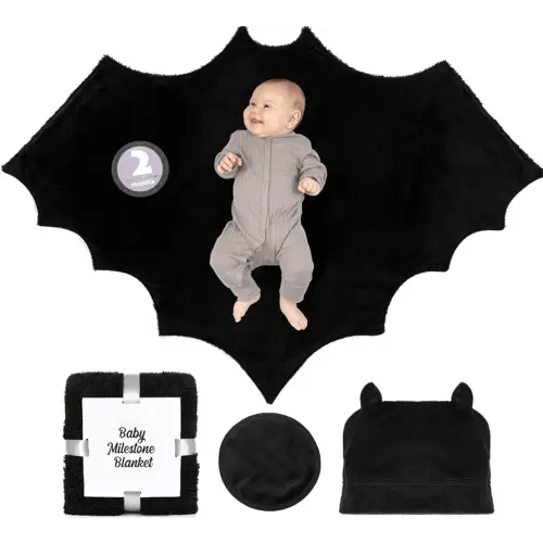Baby Bat Swaddle Blanket Gift Set with 12 Baby Monthly Stickers, Circle Prop and Plush Baby Bat Hat, 46x36 inch Halloween Baby Blanket is the Perfect Goth Baby Stuff for Gothic Baby Nursery