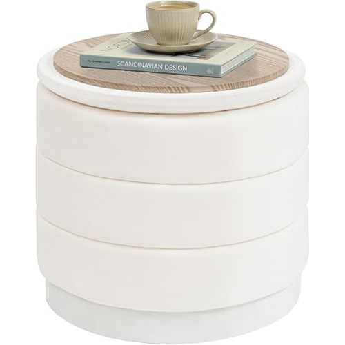 PINPLUS Round Velvet Ottoman Tray, White Upholstered Decorative Accent for Footstool or Coffee Table, Removable Serving Surface