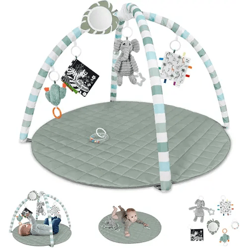 Baby Play Gym Mat, Tummy Time Activity Mat with 6 Detachable Toys for Stage-Based Sensory and Motor Skill Development, Washable Play Mats for Infant, Newborn Baby Essentials, Sage Green