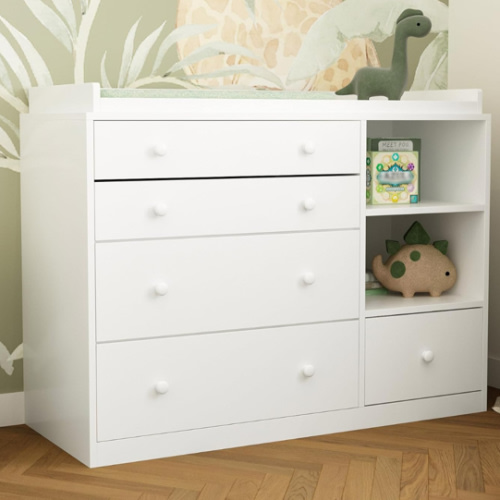 Changing Table Dresser, Baby Classic Nursery Dresser with 5 Drawers and 2 Shelves, Multi-Functional Baby Changing Table, Diaper Changing Station for Children's Room, White