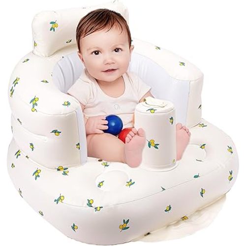Inflatable Infant Chair for Babies 0-6 Months to Help Sit Up, Baby Blow Up Chair with Built in Pump- Olive Flower