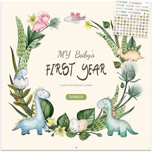 Baby's First Year Calendar, Memory Book with Milestone Stickers and Storage Pocket, Baby Keepsake Tracker - 1st Year Tracker (dinosaur)