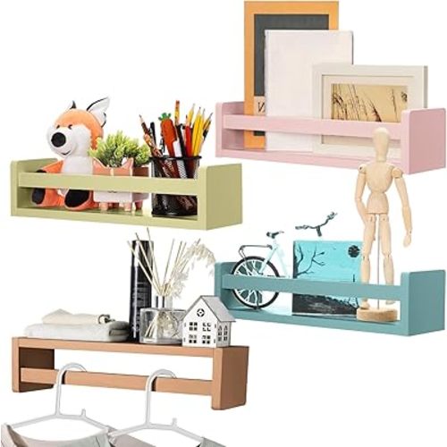 Set of 4 Nursery Book Shelves Floating Bookshelves Nursery Shelves for Wall Book Shelf Organizer Bathroom Storage Rack for Wall Decor(16 in,Bohemian Color)