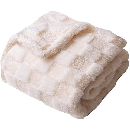 Checkered Baby Blanket Neutral Ultra Soft Baby Blanket Fuzzy Cozy Baby Blankets Warm Comfort Reversible Baby Bed Blanket for Toddlers Infant or Newborn (White)