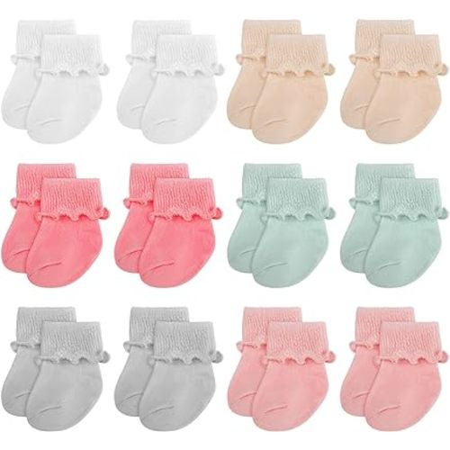 Toulite 12 Pairs Preemie Socks Girls and Boys Premature Ruffle Turn Cuff Cotton Socks Hospital Nicu